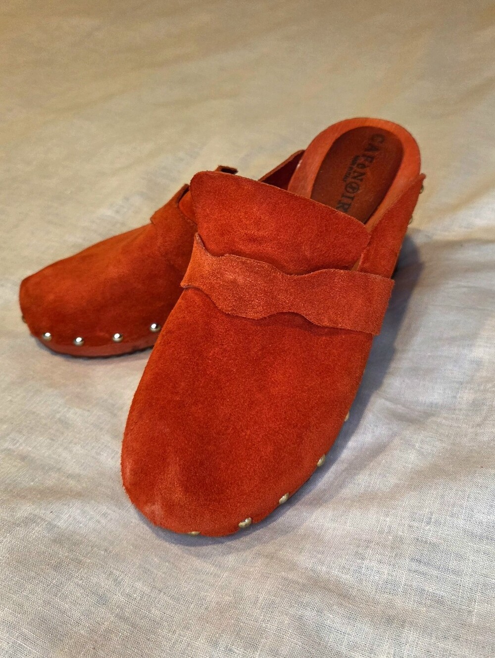 CafeNoir Italy Burnt Orange Suede Wooden Clogs EU 38 | Studded Slip On Mules - Picture 6 of 8